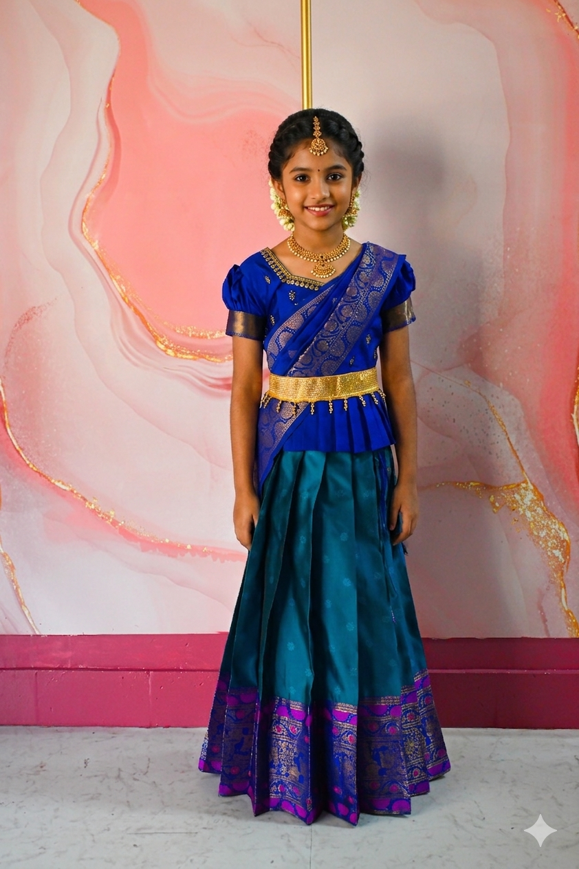 A traditional Indian Pattu Pavada lehenga in a vibrant Teal Blue with Royal Blue