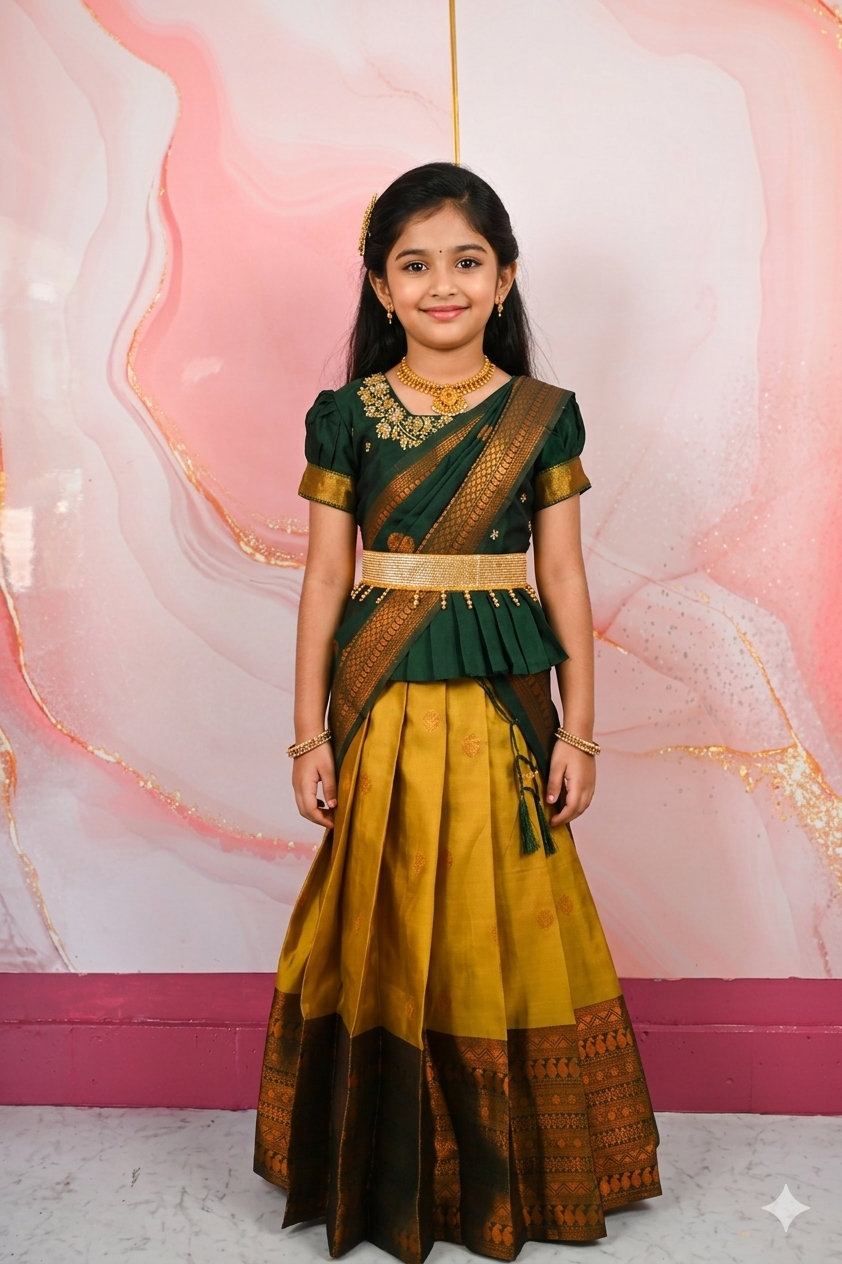 A traditional Indian Pattu Pavada lehenga in a vibrant Mustard Yellow with Green