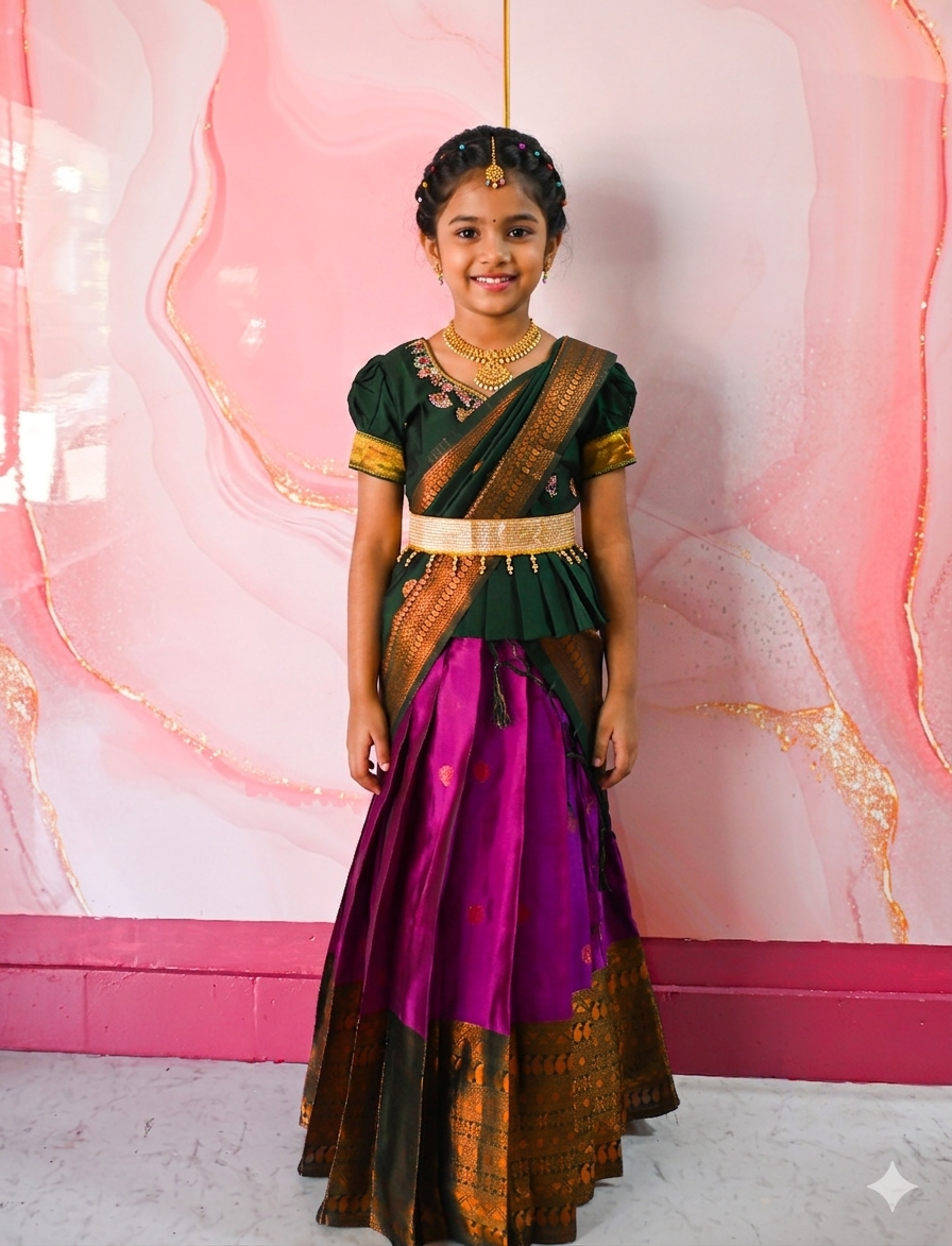 A traditional Indian Pattu Pavada lehenga in a vibrant Violet with forest Green