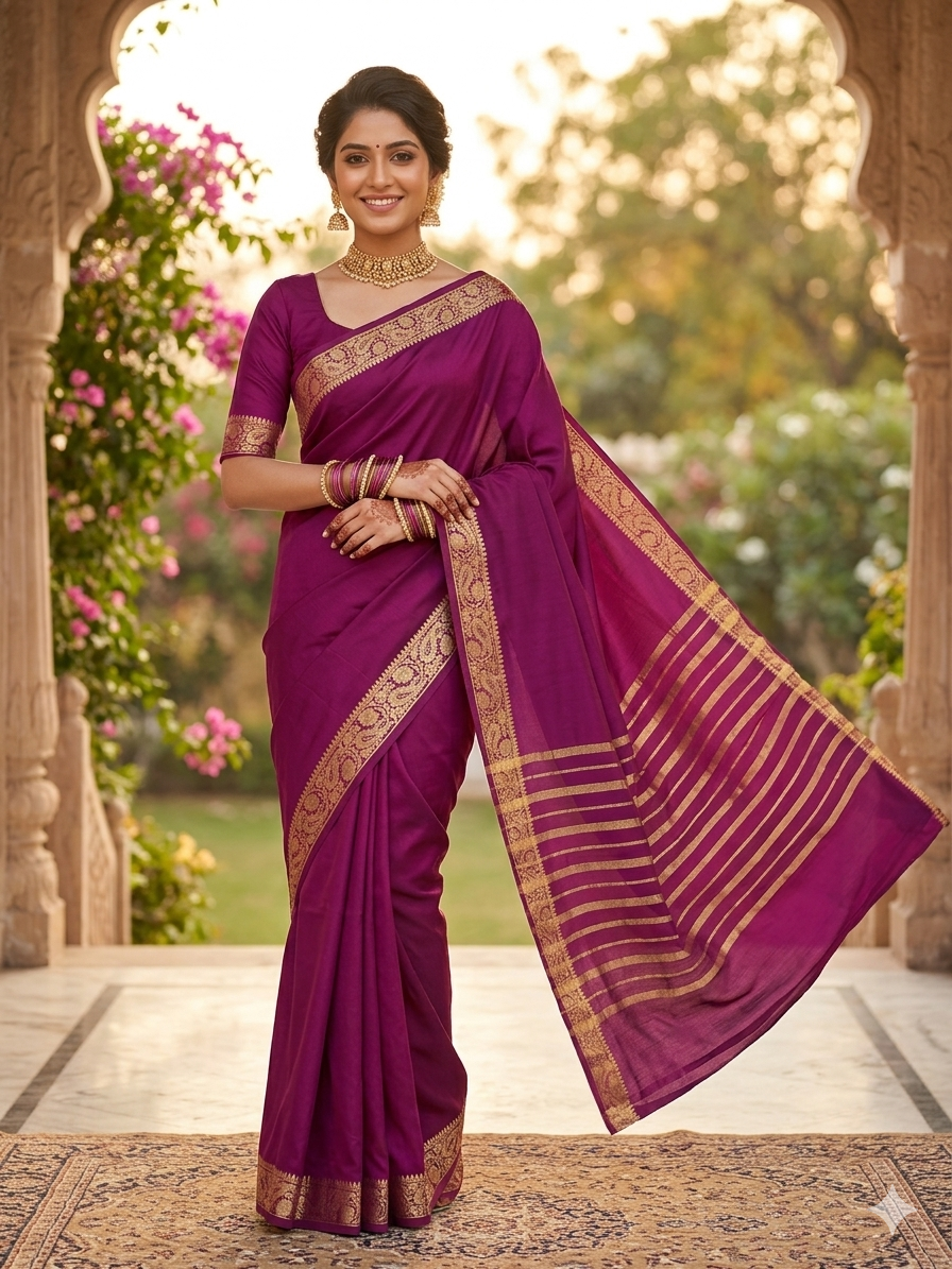 Premium Crepe Saree with Rich Woven Zari Border & Matching Blouse