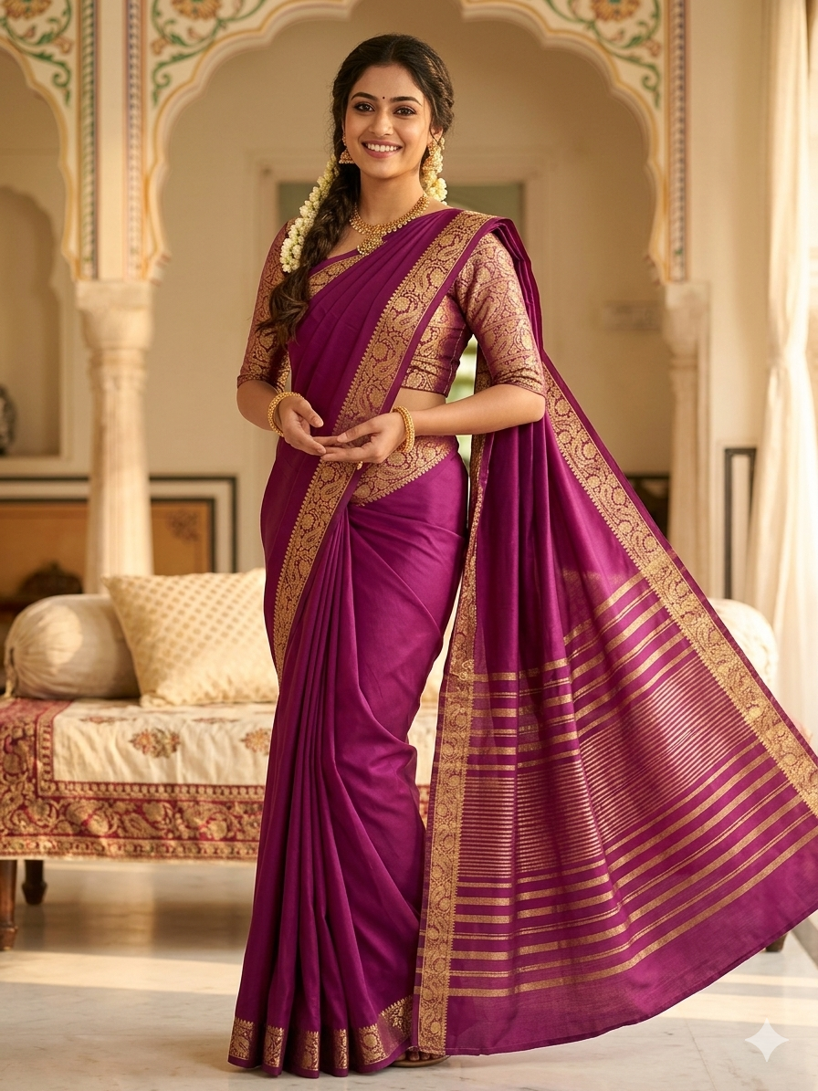Premium Crepe Saree with Rich Woven Zari Border & Matching Blouse
