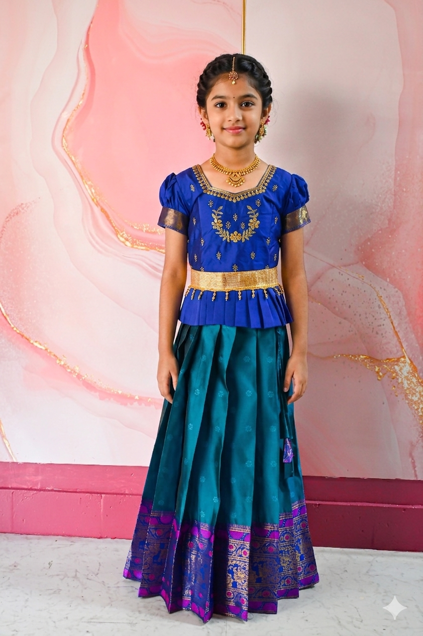 A traditional Indian Pattu Pavada lehenga in a vibrant Teal Blue with Royal Blue