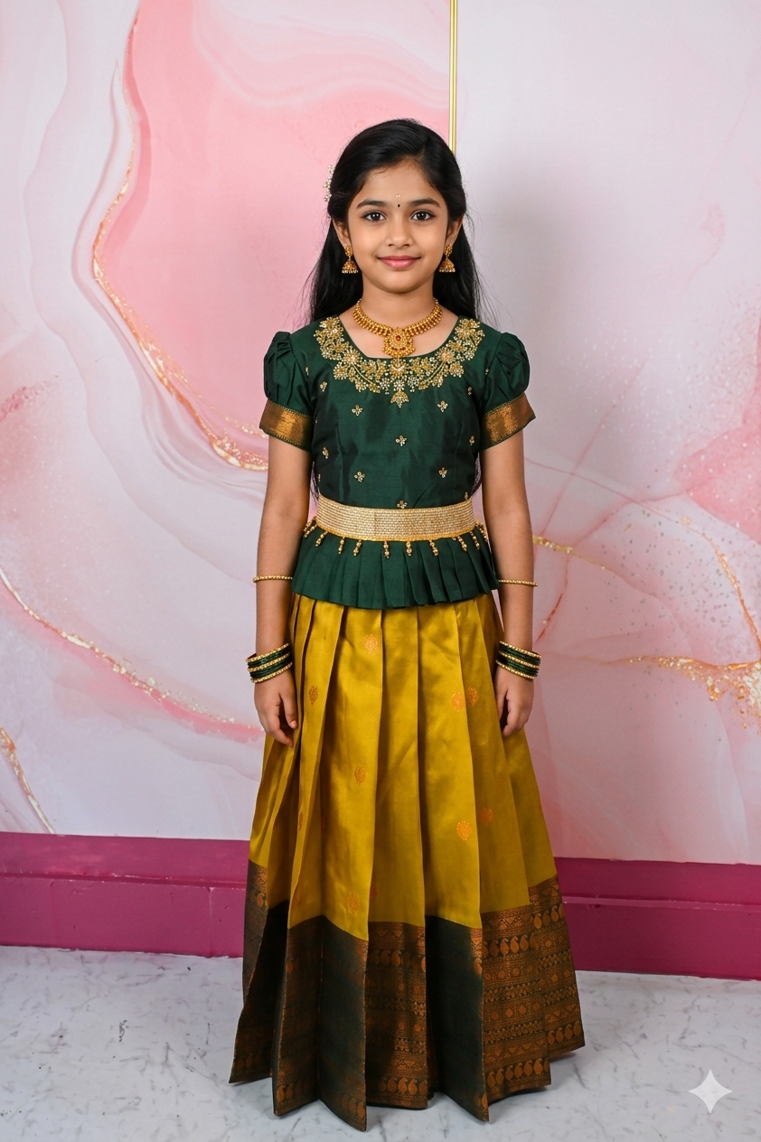 A traditional Indian Pattu Pavada lehenga in a vibrant Mustard Yellow with Green