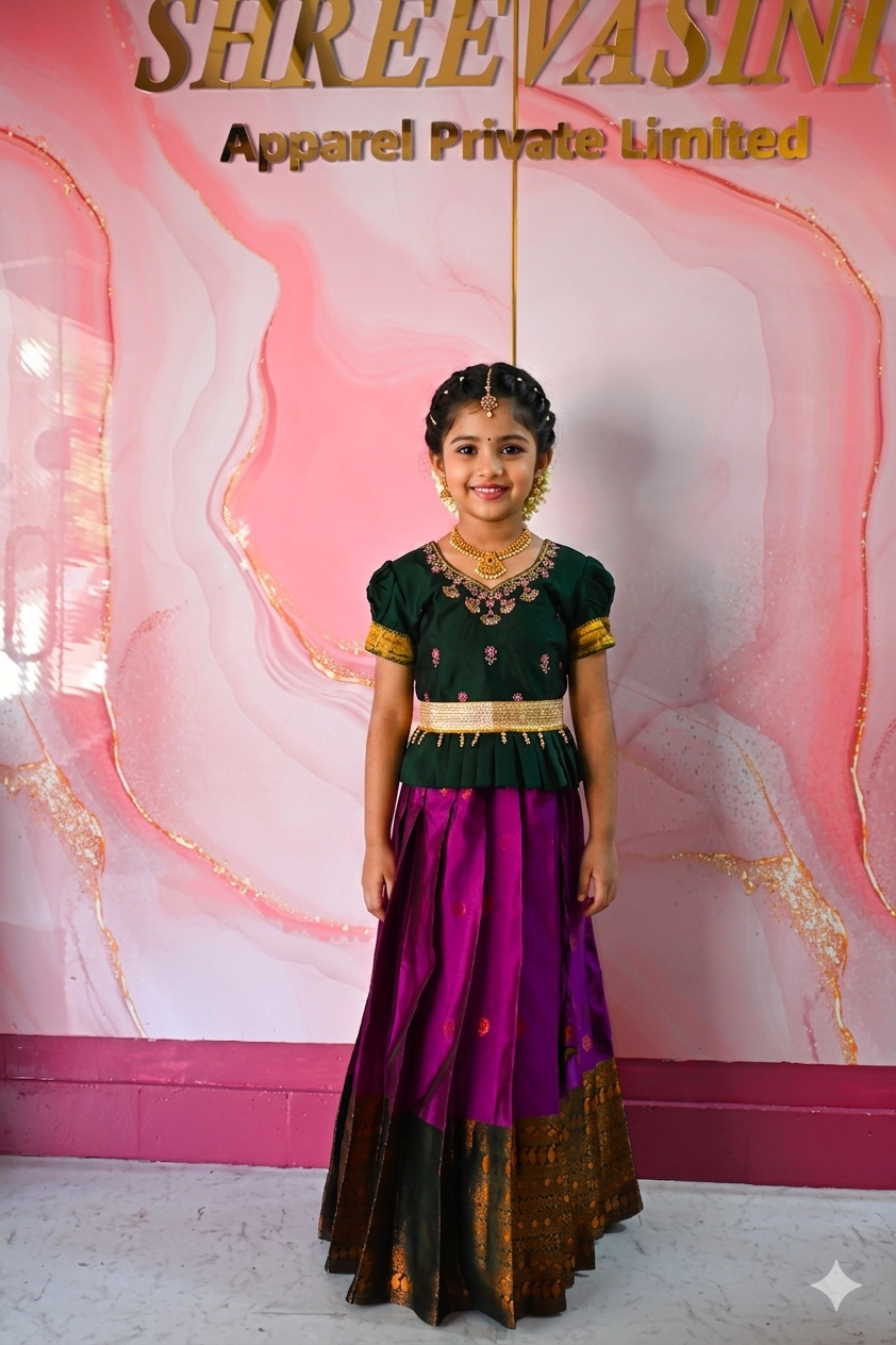 A traditional Indian Pattu Pavada lehenga in a vibrant Violet with forest Green