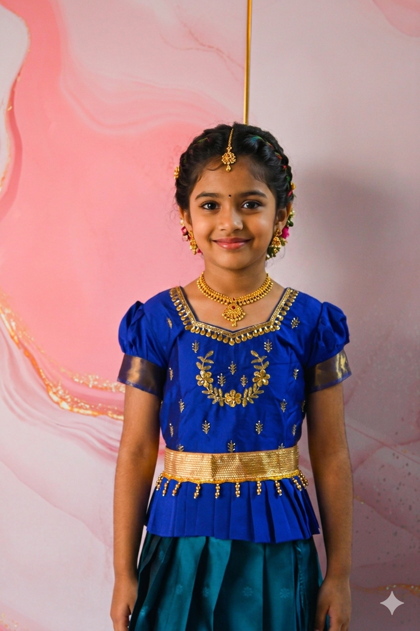 A traditional Indian Pattu Pavada lehenga in a vibrant Teal Blue with Royal Blue