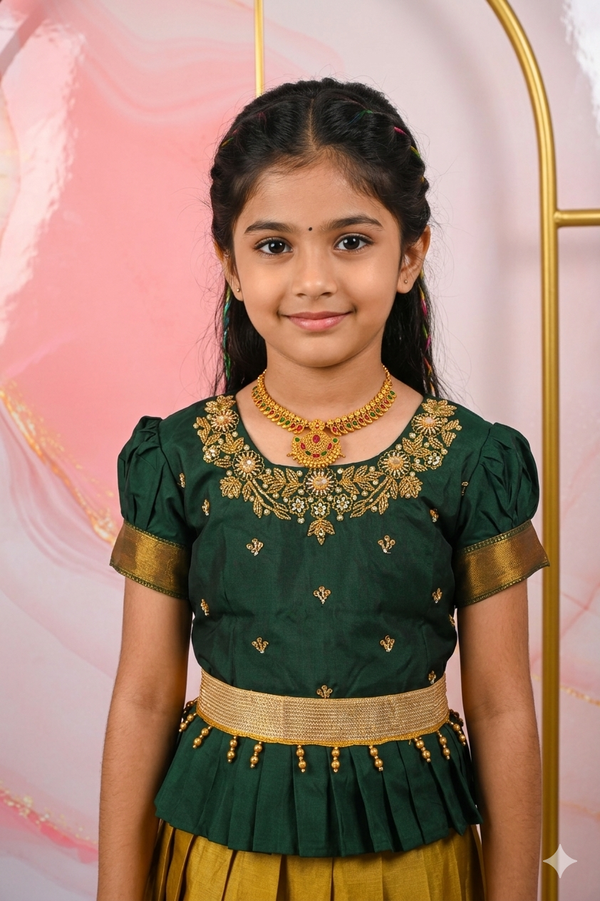 A traditional Indian Pattu Pavada lehenga in a vibrant Mustard Yellow with Green
