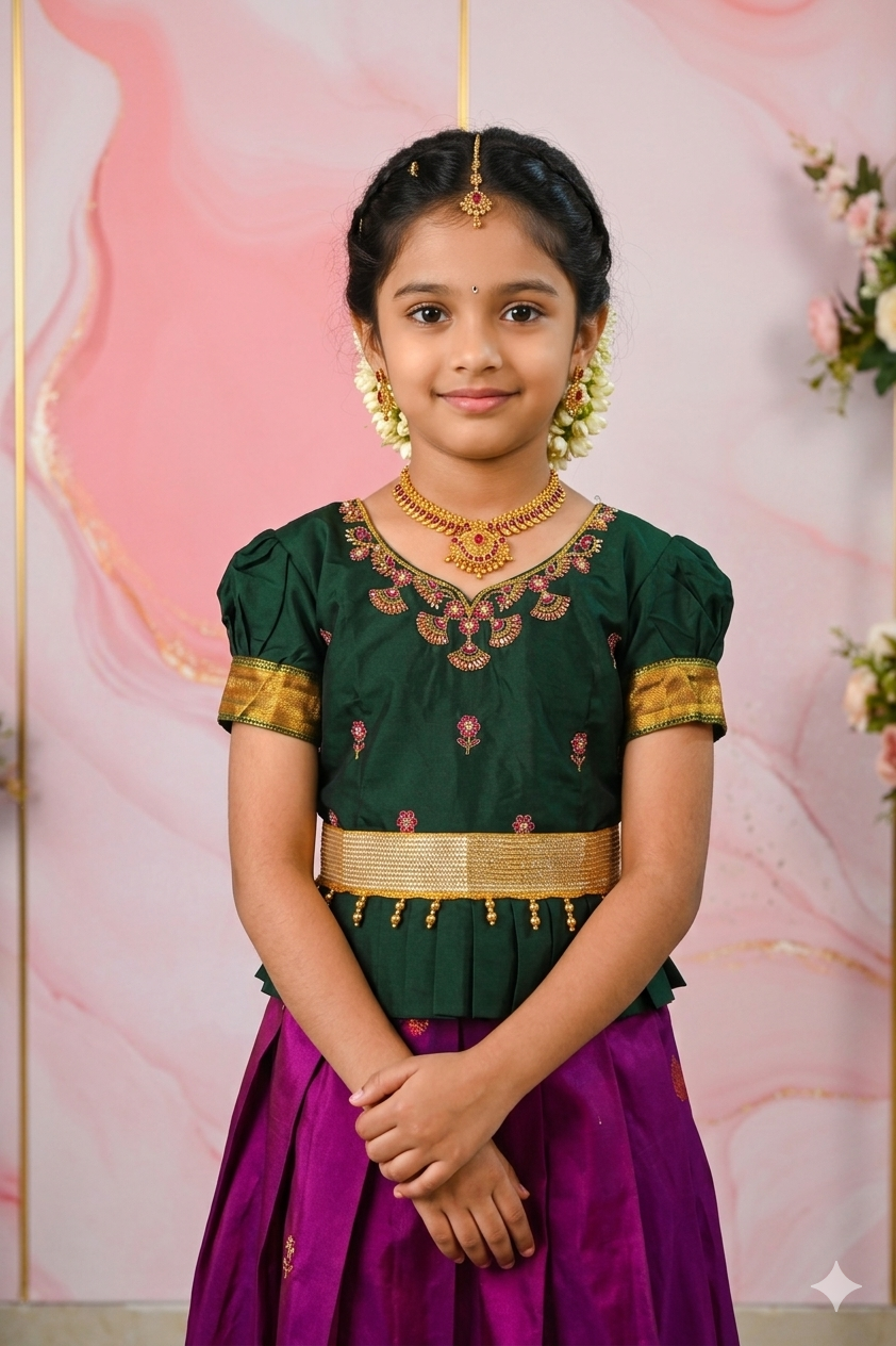 A traditional Indian Pattu Pavada lehenga in a vibrant Violet with forest Green