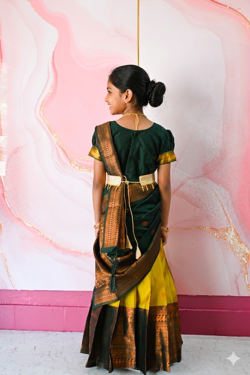 A traditional Indian Pattu Pavada lehenga in a vibrant Mustard Yellow with Green