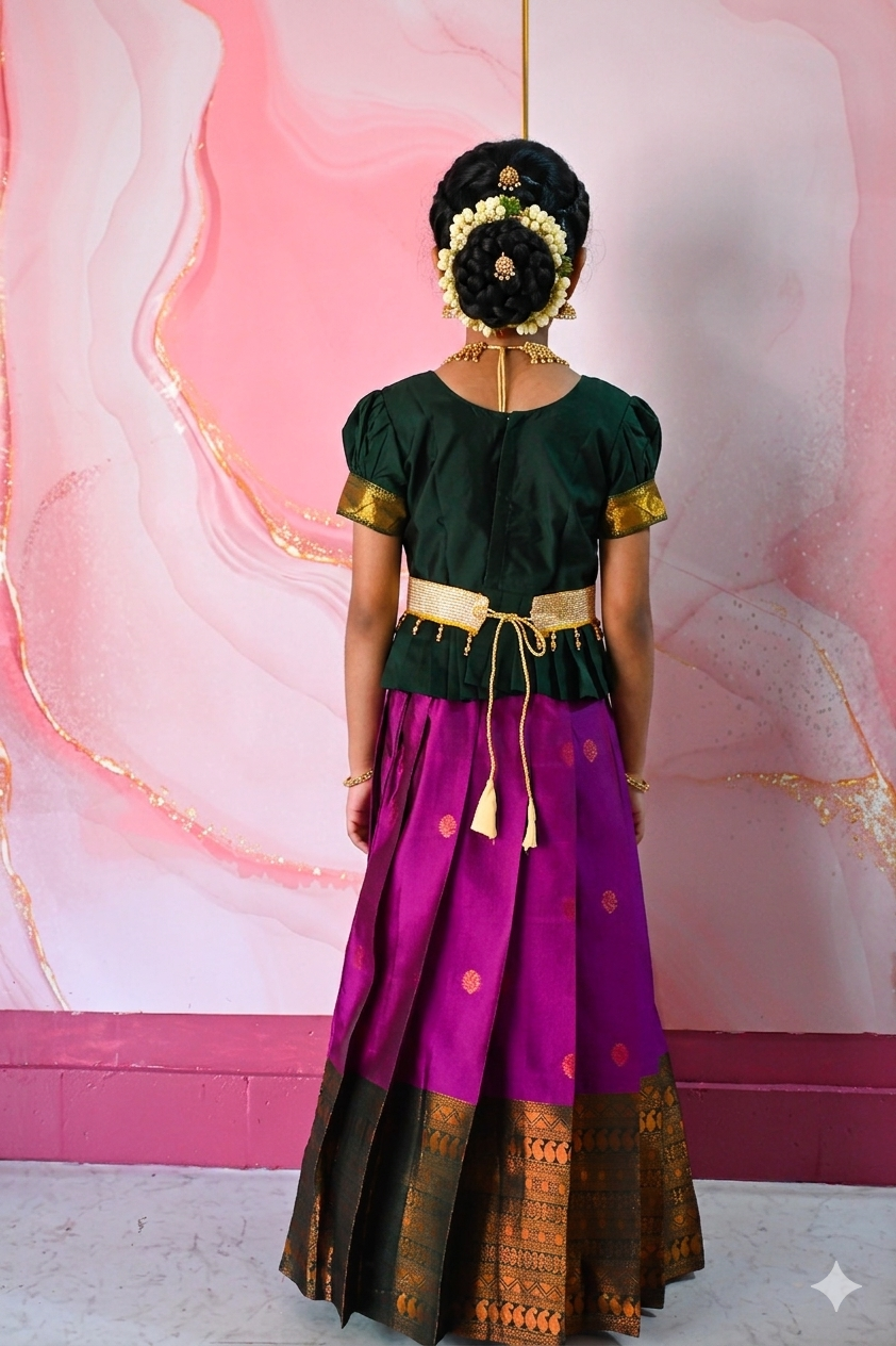 A traditional Indian Pattu Pavada lehenga in a vibrant Violet with forest Green