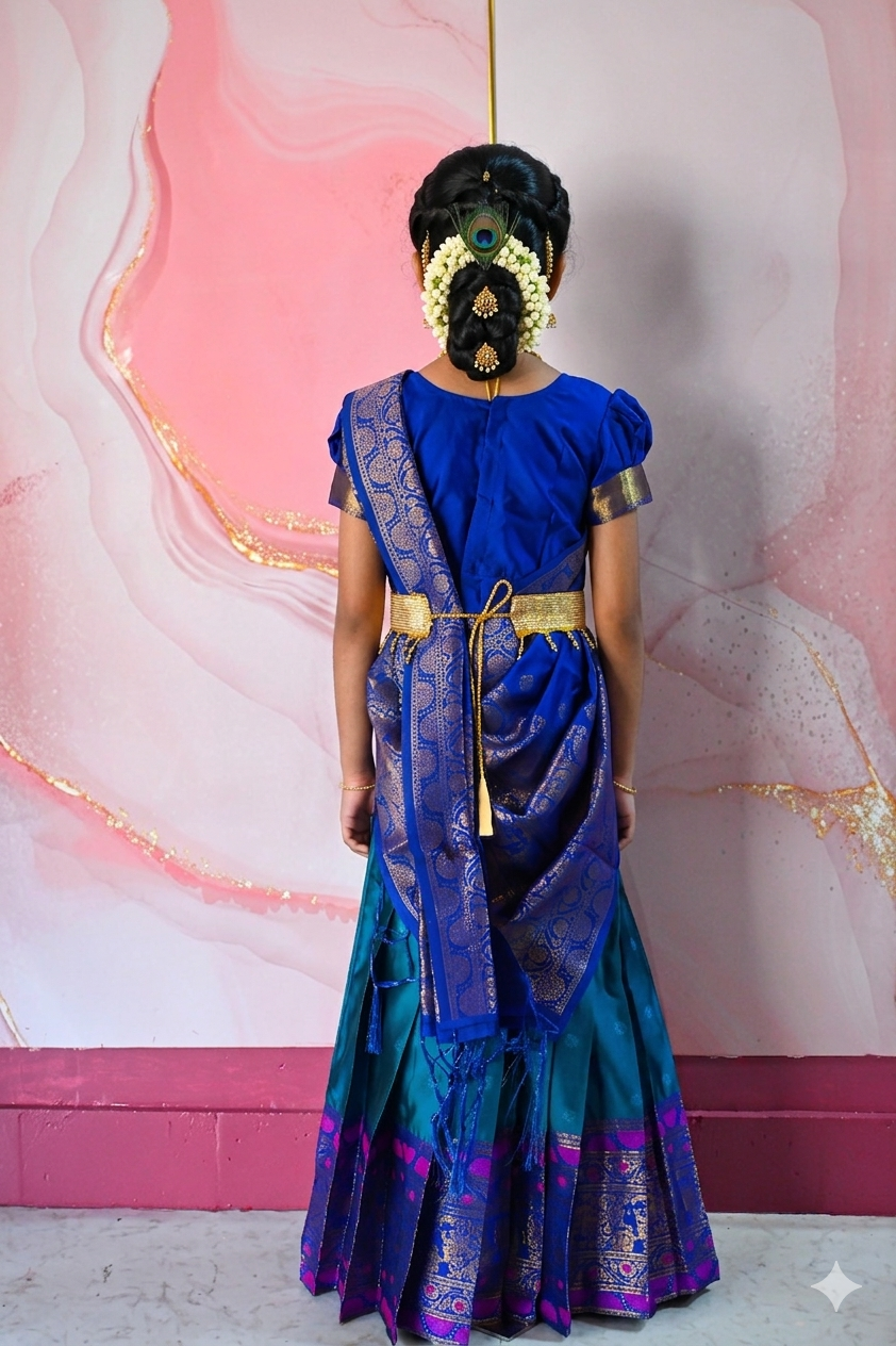 A traditional Indian Pattu Pavada lehenga in a vibrant Teal Blue with Royal Blue