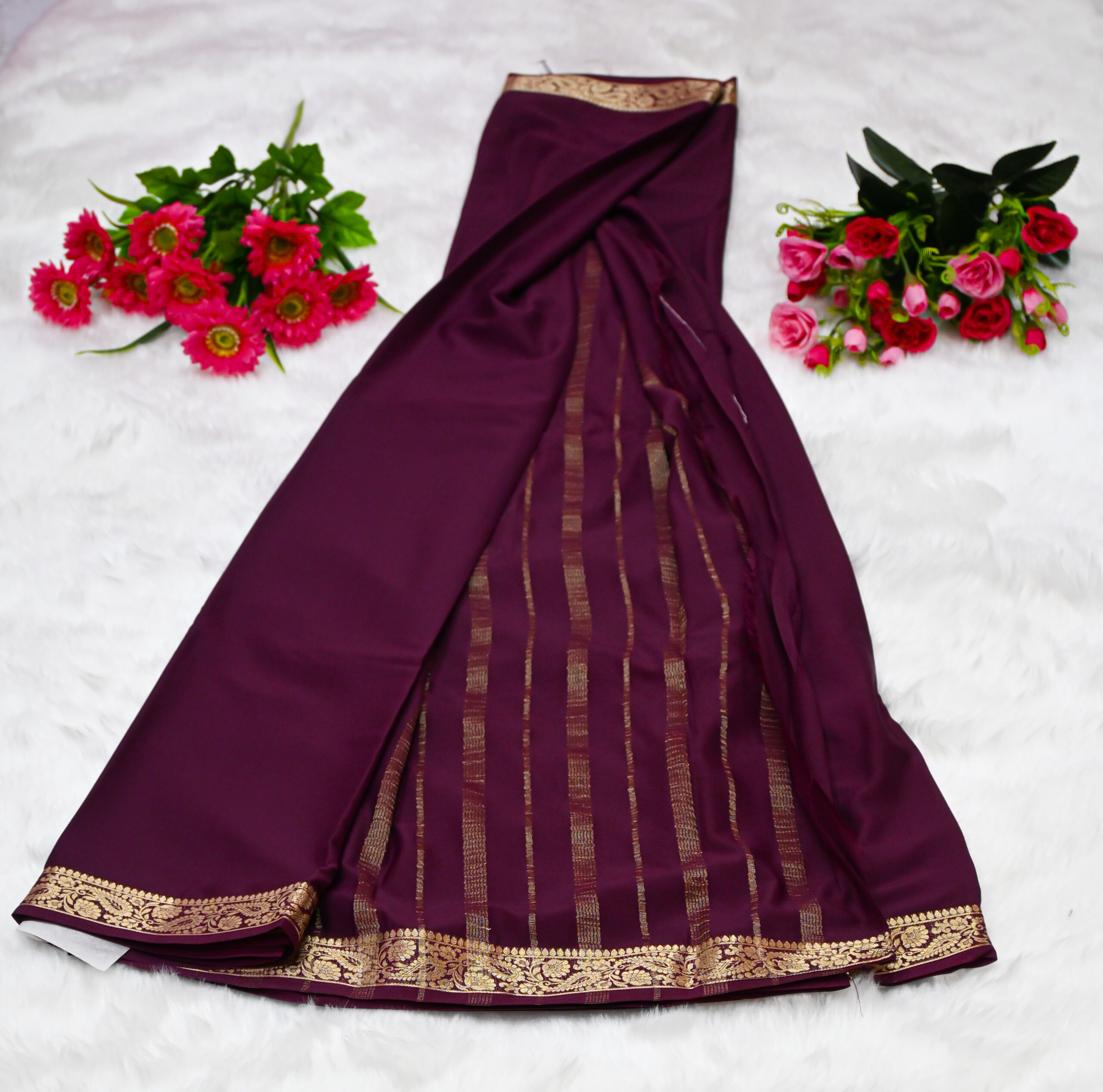 Premium Crepe Saree with Rich Woven Zari Border & Matching Blouse