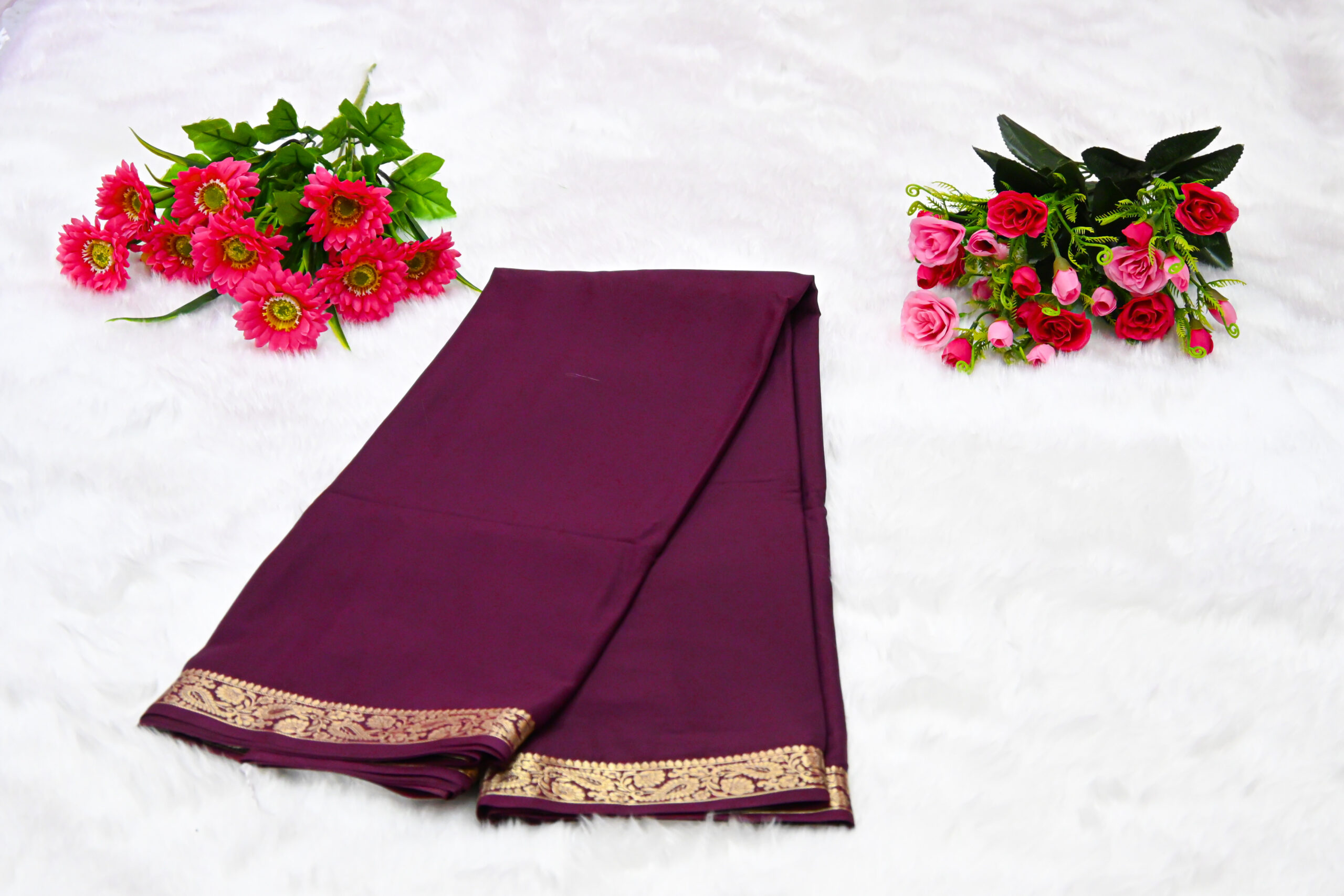 Premium Crepe Saree with Rich Woven Zari Border & Matching Blouse