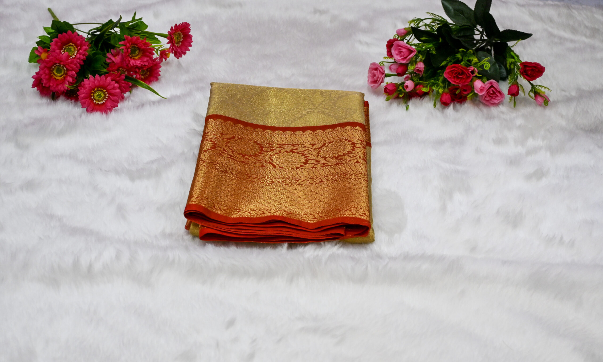 Premium Banarasi Tissue Silk Saree with Rich Woven Zari Border & Blouse Piece