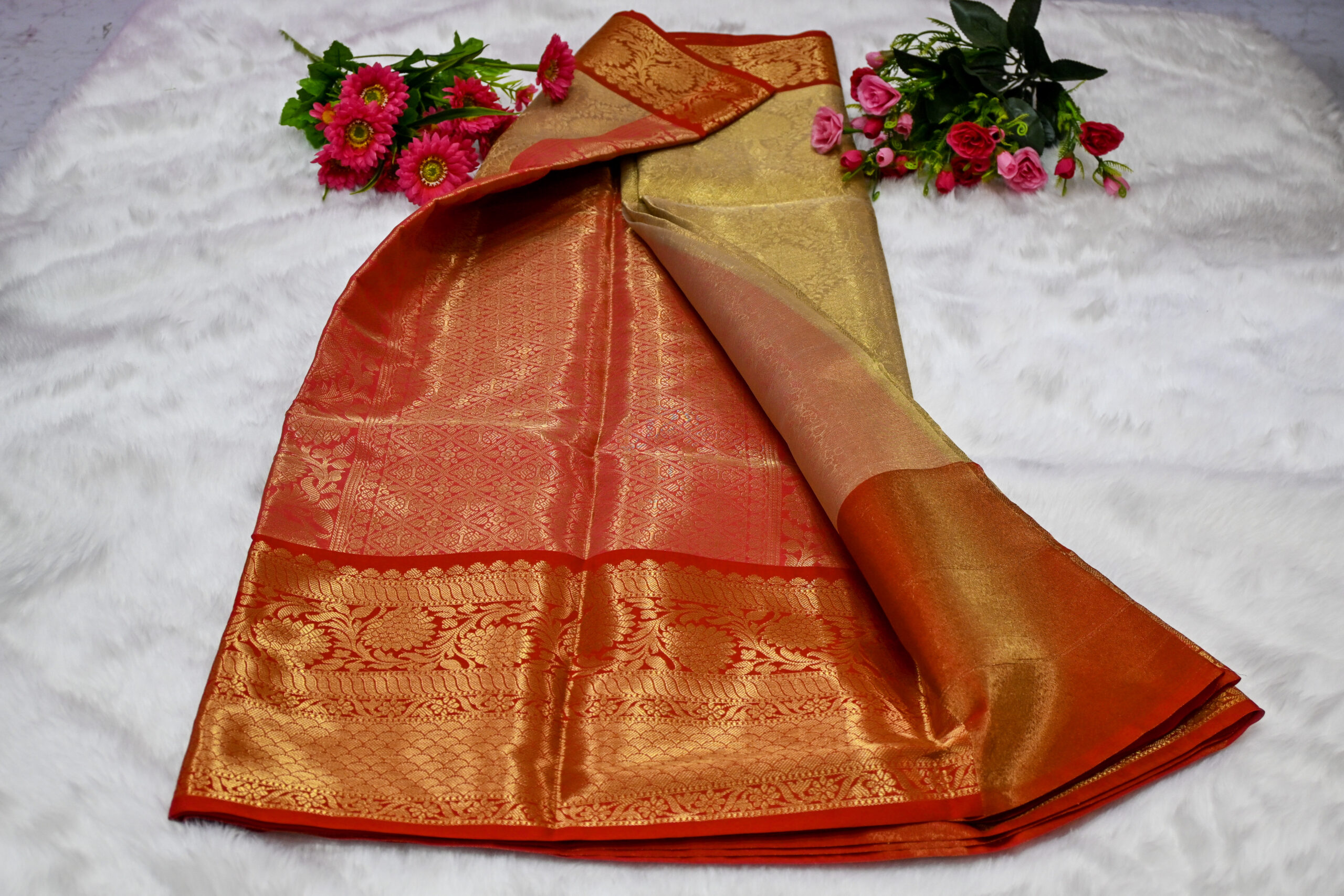 Premium Banarasi Tissue Silk Saree with Rich Woven Zari Border & Blouse Piece
