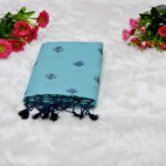 A vibrant Turquoise Blue base featuring contrasting Navy Blue floral motifs and border.